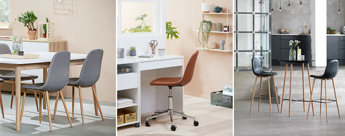 Différents types de meubles de salle à manger et une chaise de bureau en cuir artificiel 