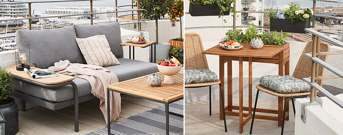 Petit balcon avec un canapé lounge, une table de jardin, une table pliante et des chaises de jardin