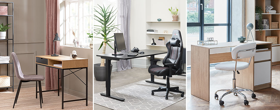Drie verschillende soorten bureaus en bureaustoelen voor thuisgebruik