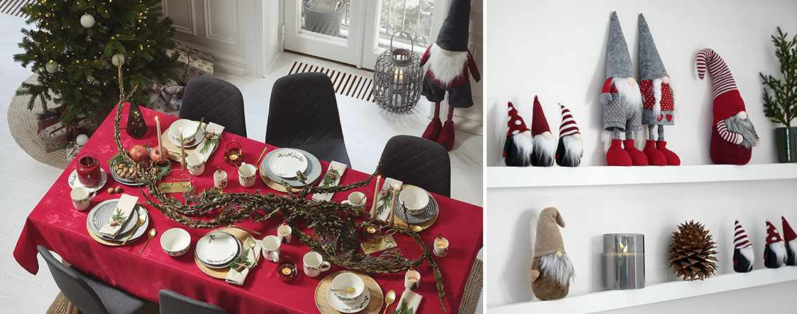 Table à manger décorée pour Noël avec un arbre de Noël et des lutins 