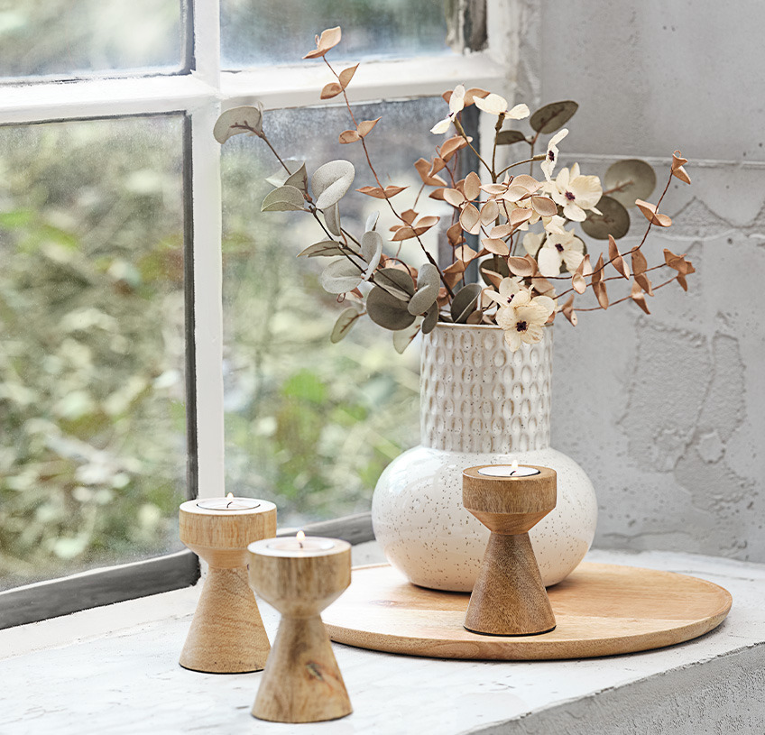 Vase gaufré et photophore en bois de manguier