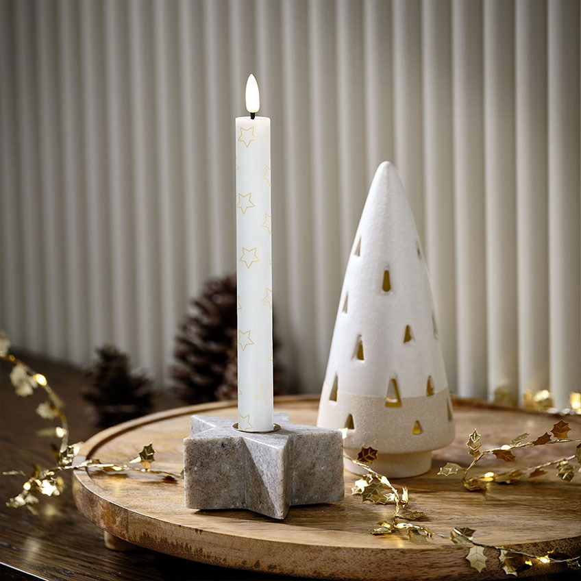 Stervormige kaarsenhouder in marmer, LED kerstkaars met sterren en LED verlichte kerstboom