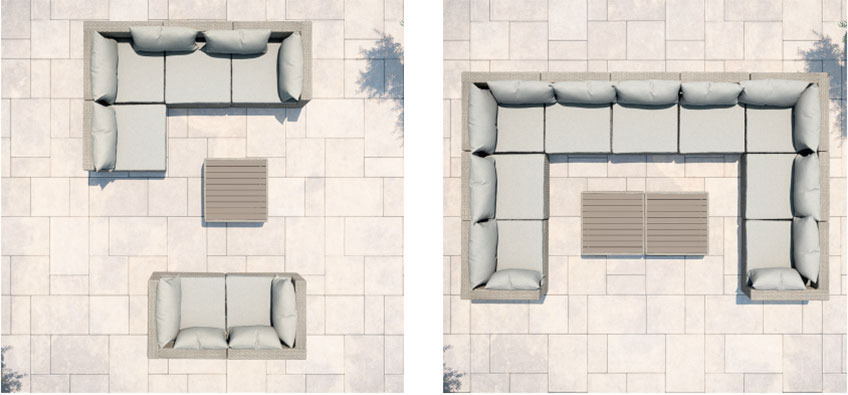 Modulaire zitbanken en loungetafels in verschillende combinaties 