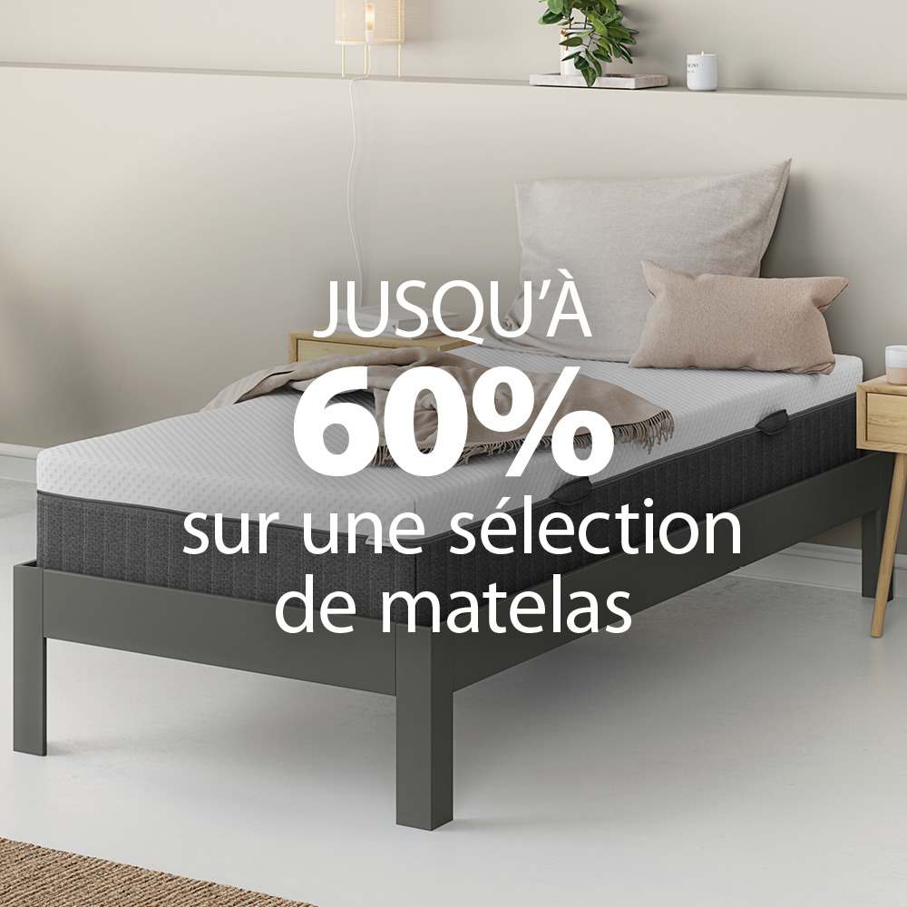 Jusqu'à 60% sur une sélection de matelas Jusqu'à 60% sur une sélection de matelas