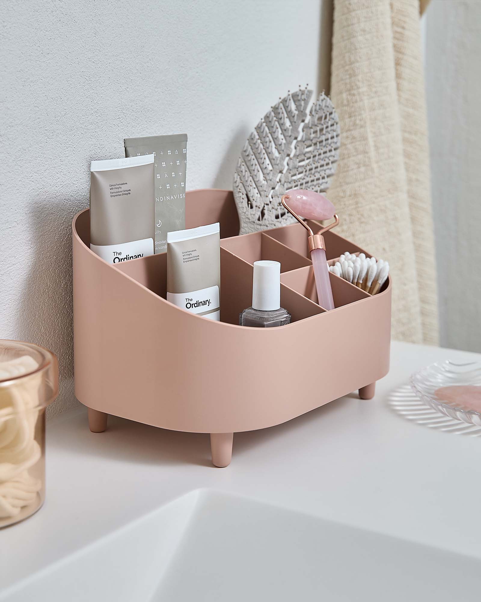 Organisateur de maquillage HUSUM Petit organisateur de maquillage pour salle de bain coloris rose pêche poudré