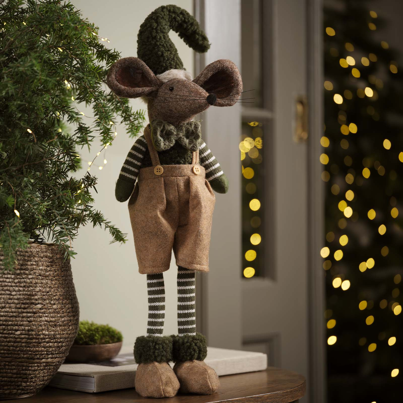 Souris de Noël EKLOGIT Grande souris décorative de Noël avec un bonnet pointu vert et kaki