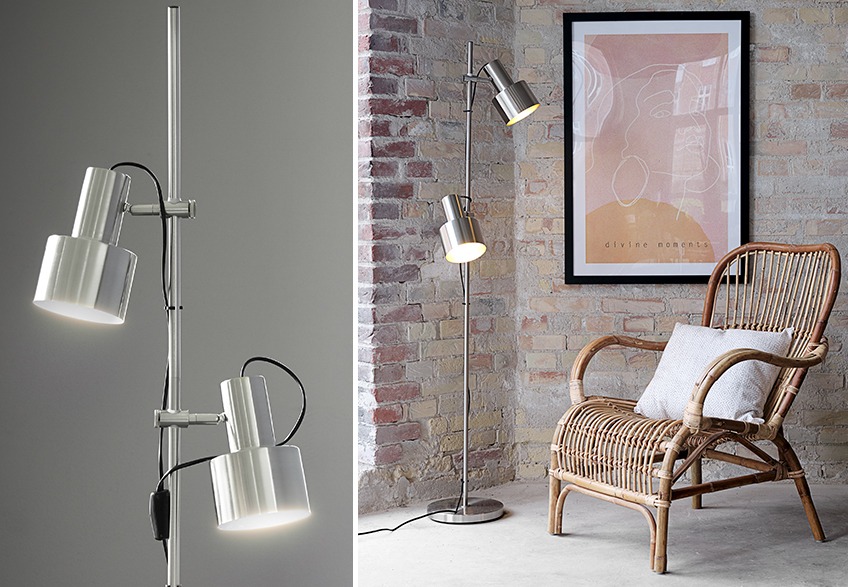 MATINUS floor lamp in silver look, LISELEJE armchair in rattan and OSCAR picture frame Floor lamp with two lights in a living room with poster in picture frame on the wall and armchair in rattan