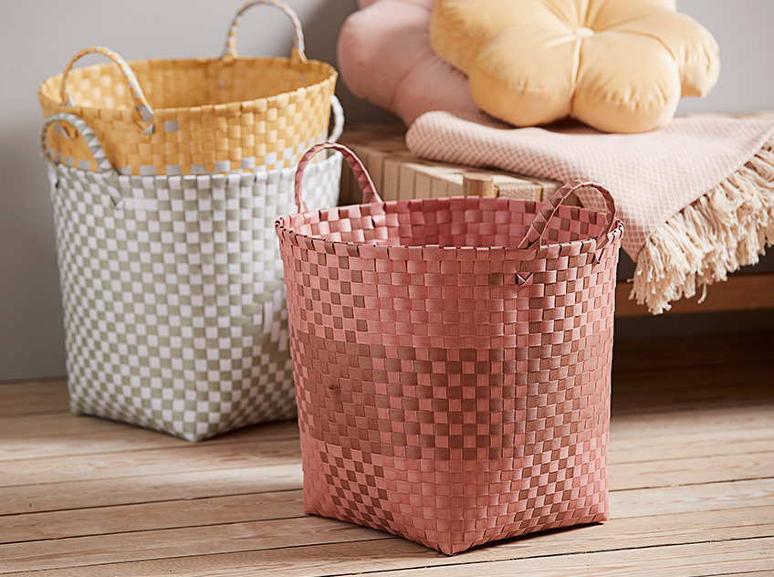 THERMAN baskets in brown, yellow and grey Baskets in brown, yellow and grey
