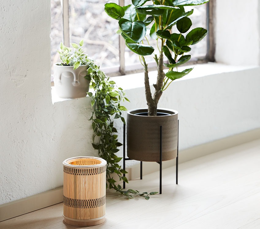 Plant pots with artificial plants and battery lamp by a window