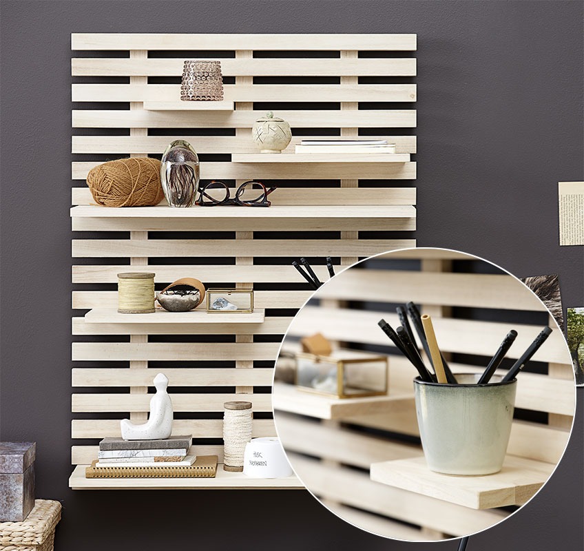 KETTINGE wandplank met 6 kleinere planken in verschillende maten Wandplank met briefpapier, notitieboekjes en kandelaars