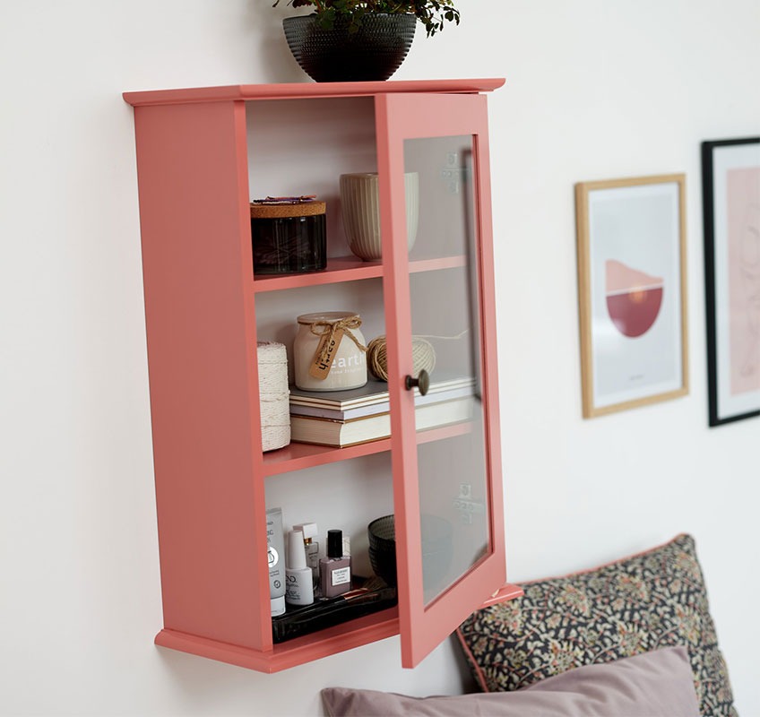 LOOK IN wandkastje in oud roze Roze wandkanstje met glazen voorkant
