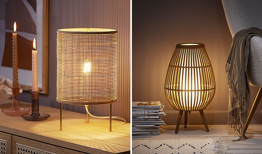 Tafellamp van rotan en staande lamp van bamboe