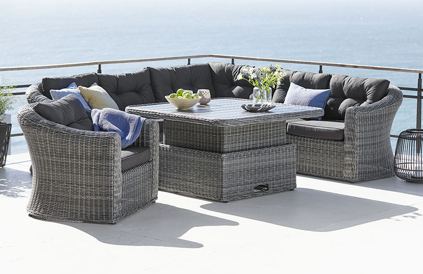 TAMBOHUSE loungeset Grijze tuin loungeset met hoekbank, stoel en verstelbare tafel