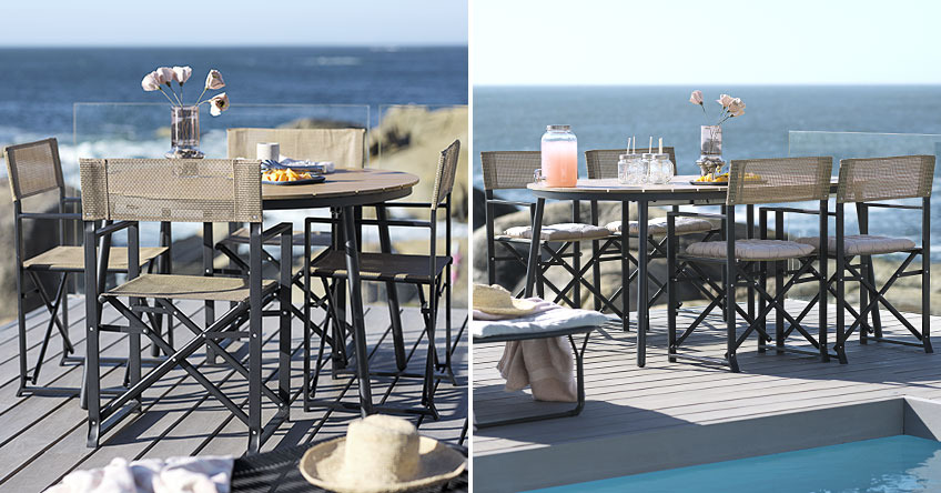 Table de jardin ronde extensible sur une terrasse au bord de l’océan
