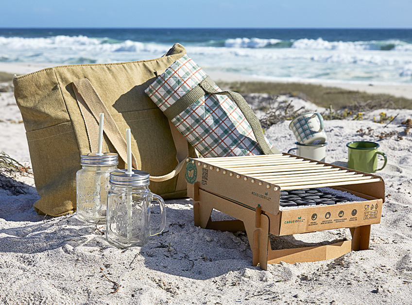 Wegwerpbare barbecue, picknickdeken en andere accessoires op het strand