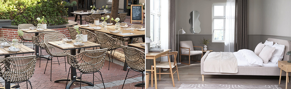 Une terrasse de restaurant et une chambre aménagée avec des meubles JYSK, côte à côte